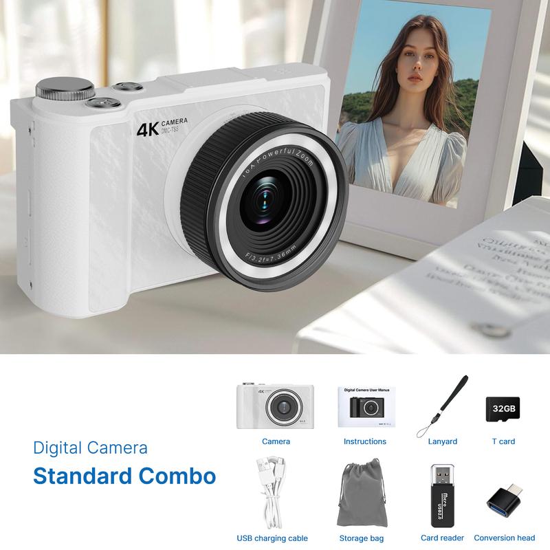 Digital camera with fill light, 4K video recording camera, small camera with 16x digital zoom.