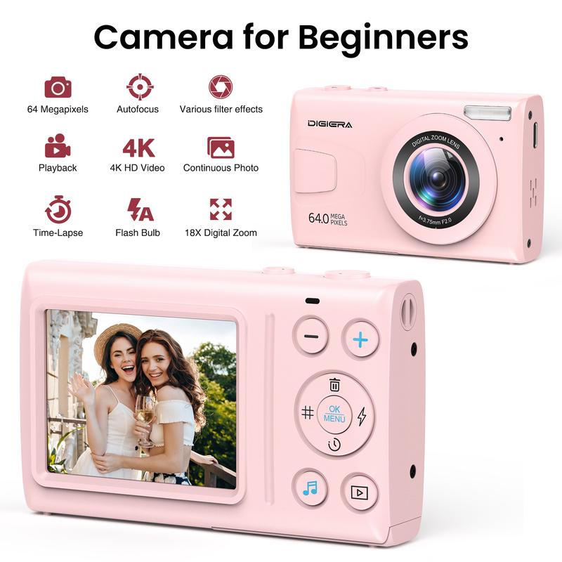 4K Digital Camera – Equipped with a 64-megapixel sensor, 18x digital zoom, and multiple filters.