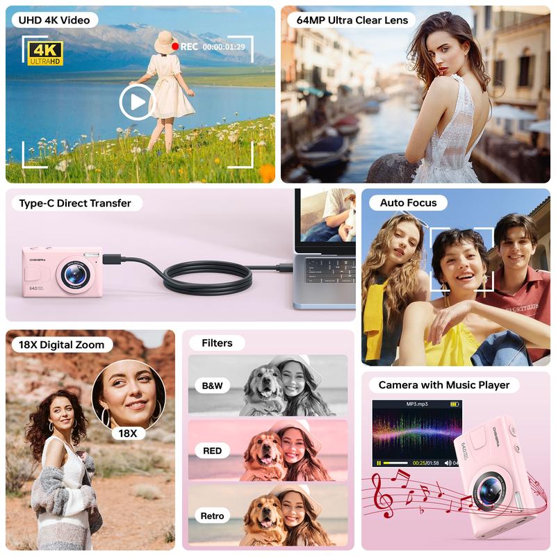 4K Digital Camera – Equipped with a 64-megapixel sensor, 18x digital zoom, and multiple filters.